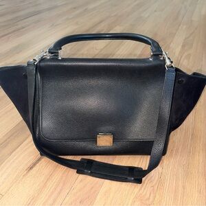 Celine large Trapeze Bag - Black Leather and Suede Handbag with Silver Accents